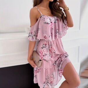 Cold-Shoulder Pink Floral Chiffon Printed Dress Sz L Boho Chic Style
